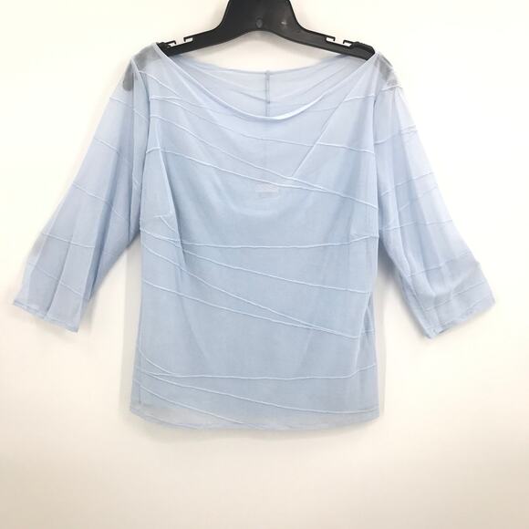 Ronen Chen 3/4 Sleeve Sheer Blouse Top Boat Neck Straight Hem Blue Size 5 US 14 - Picture 1 of 5